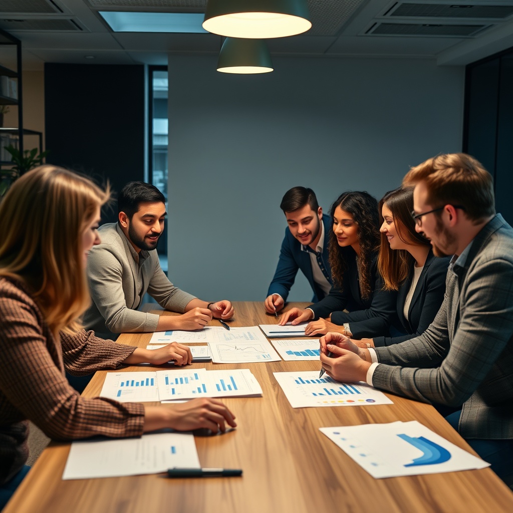Professional stock photo of a diverse group of freelancers planning retirement finances around a table with pension documents and investment charts in a modern office environment