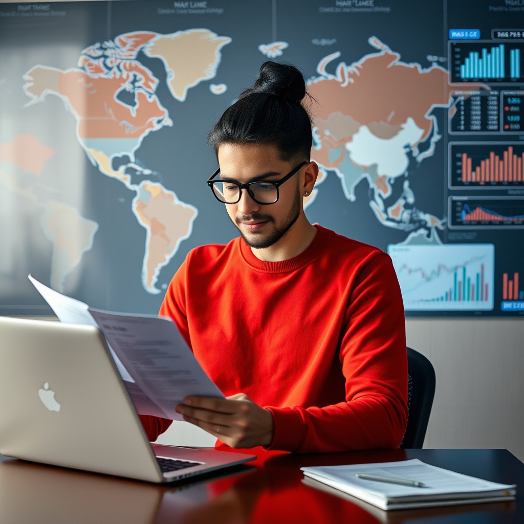 Stock photo showing a freelancer managing international banking and tax documents on multiple devices, with world map background and financial charts displayed