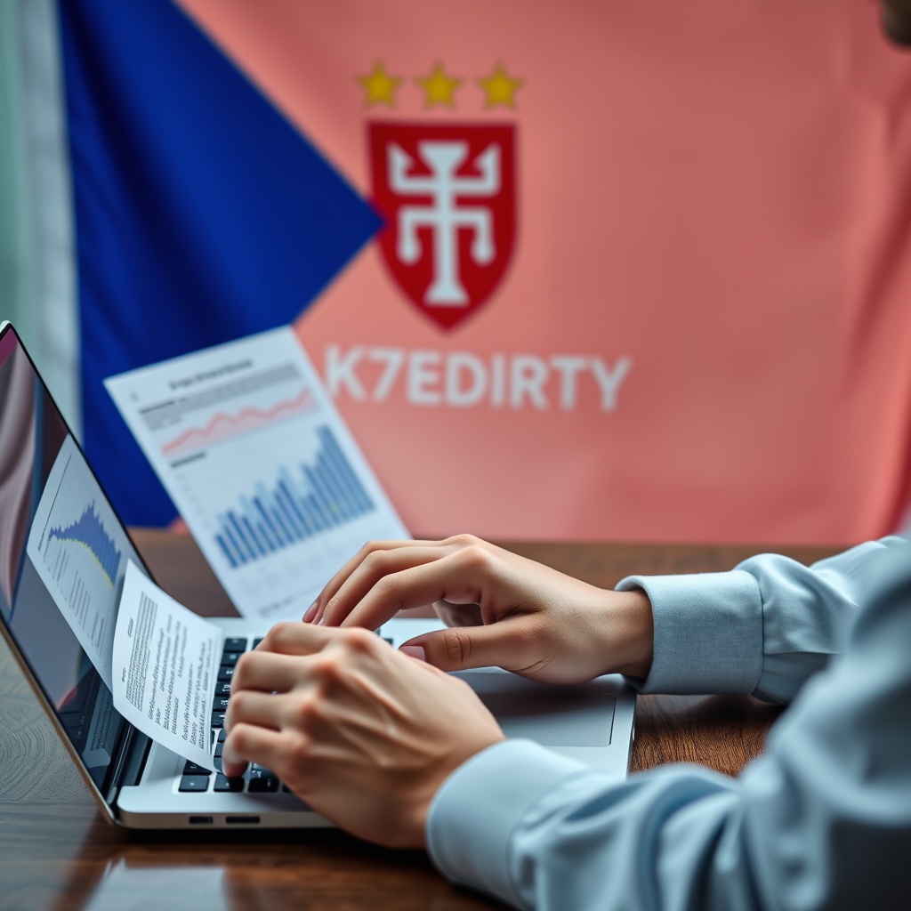 Professional stock photo of a person calculating cryptocurrency taxes on a laptop with Czech flag in background, showing tax forms and digital currency charts