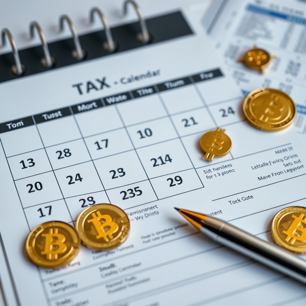 Professional stock photo of tax filing calendar with cryptocurrency symbols, showing organized financial documents and deadline reminders for foreign investors