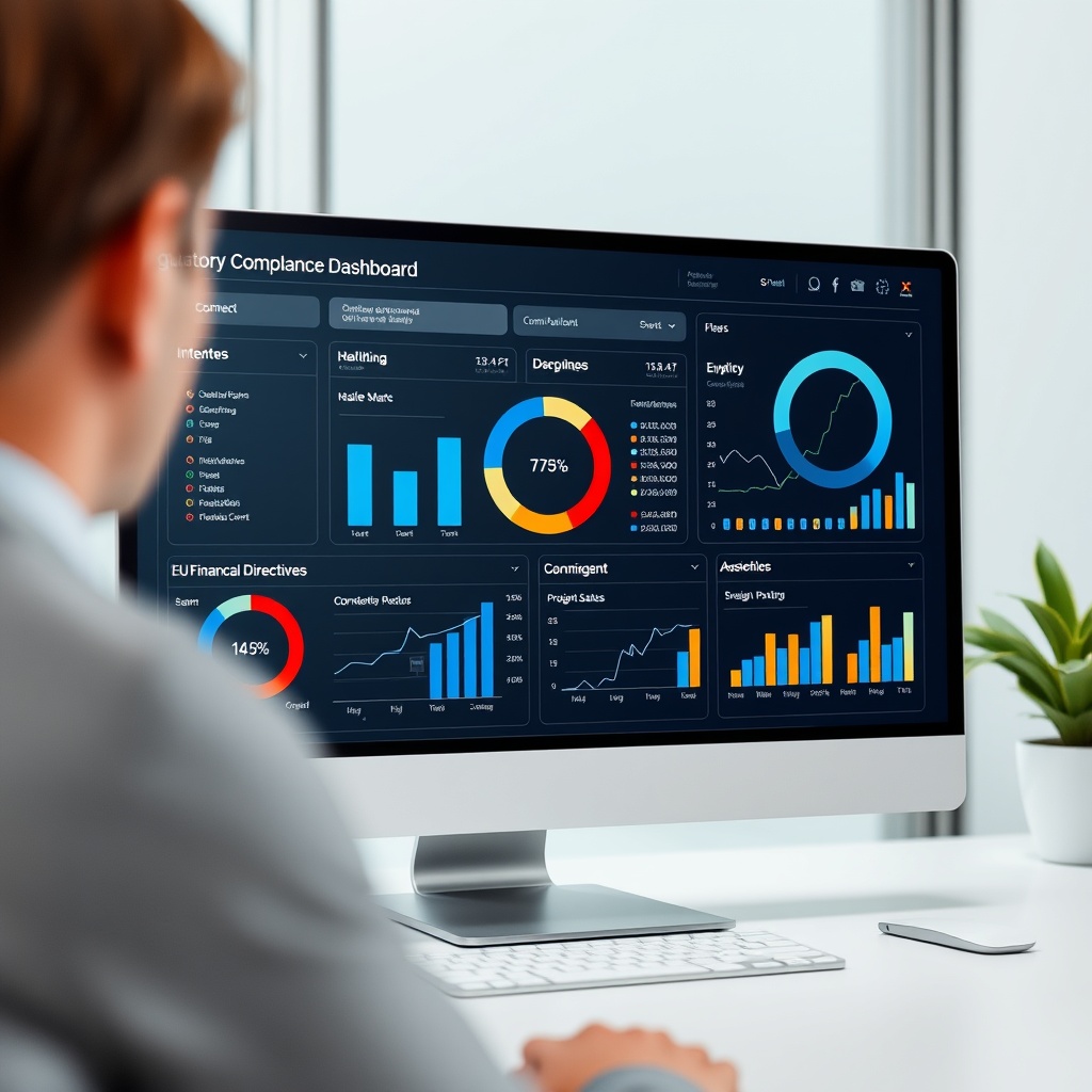 Professional stock photo of a modern regulatory compliance dashboard showing Czech National Bank and EU financial directives compliance status, with clean interface and data visualization charts, no text visible