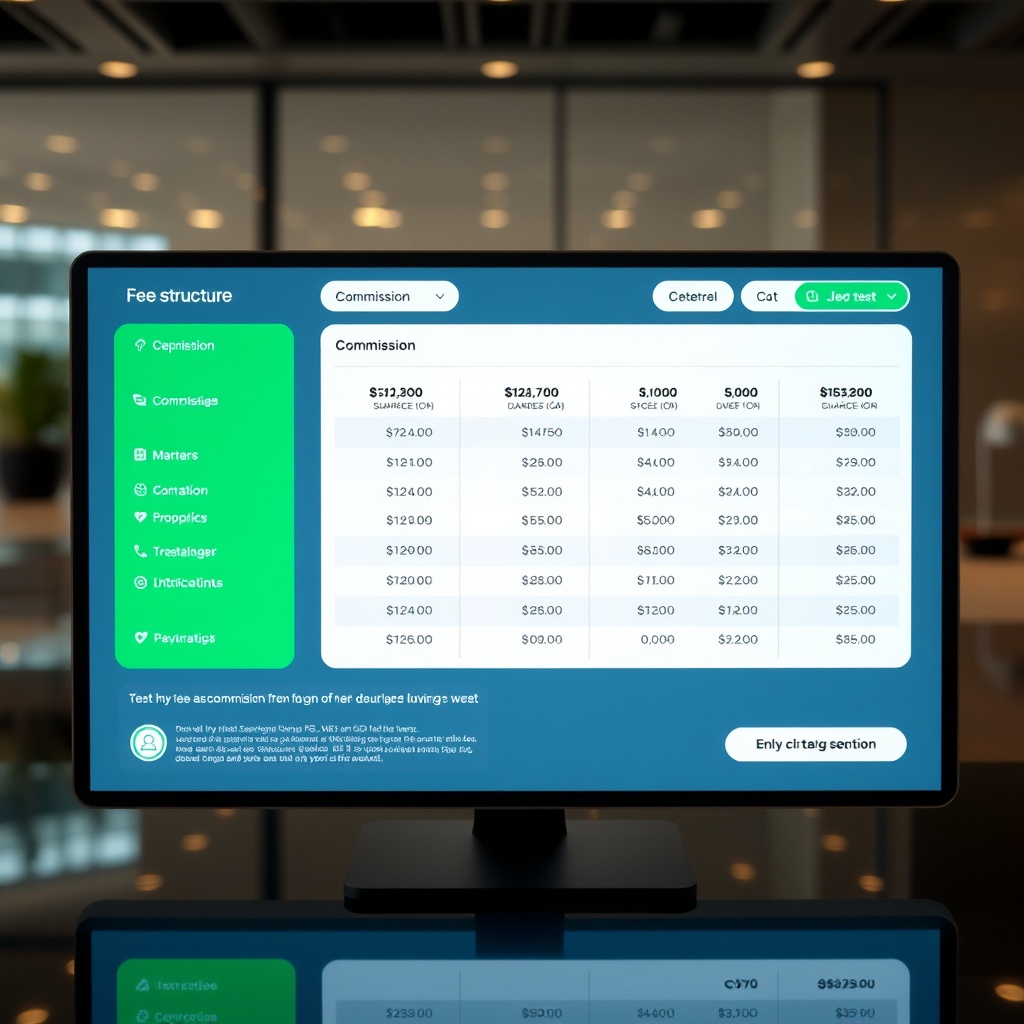 Professional stock photo of a transparent fee structure display on a digital investment platform interface, showing clear commission breakdown and cost comparison charts, no text visible