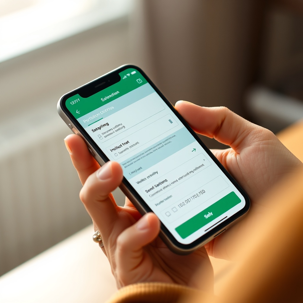 Professional stock photo of a person using mobile investment app with portfolio selection criteria interface visible, showing account setup steps and verification process, no text visible