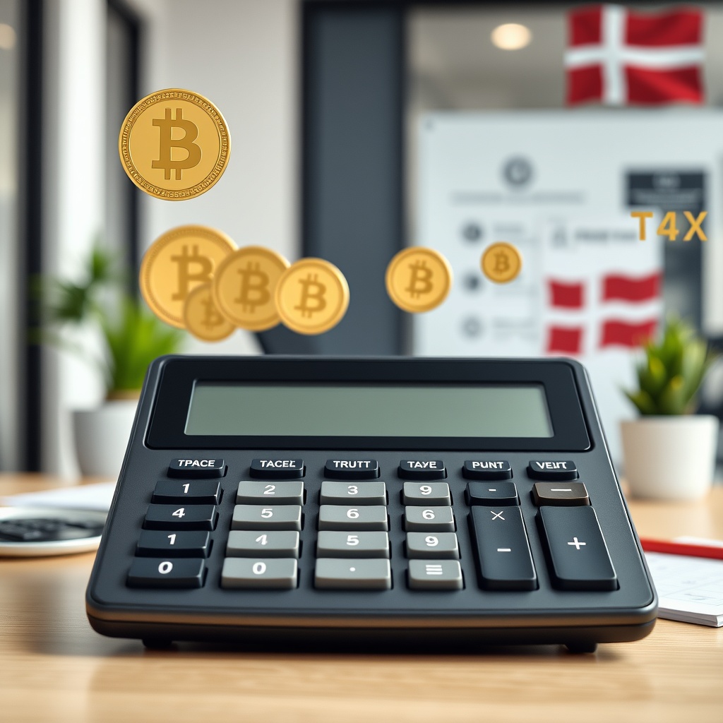 Professional stock photo of a modern tax calculator displaying progressive tax brackets, with cryptocurrency symbols subtly integrated in the background, clean office setting with Danish flag elements