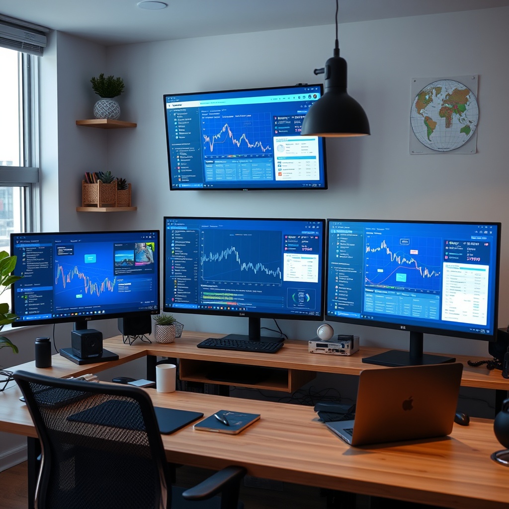 Professional stock photo of digital assets including NFTs and DeFi protocol interfaces on multiple screens, modern workspace with international traveler elements and Danish design aesthetic