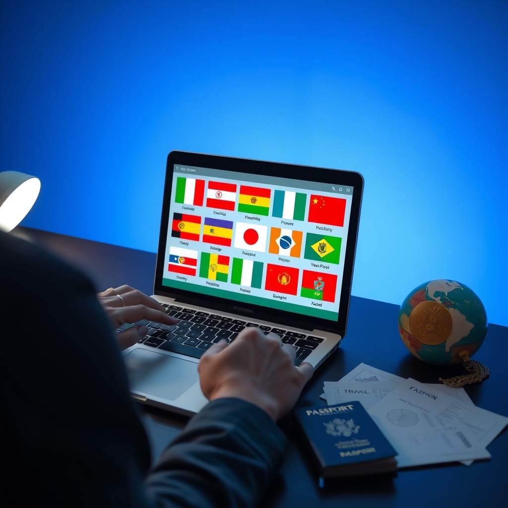 Professional stock photo of a digital nomad working on laptop with multiple country flags displayed, cryptocurrency wallet open on screen, passport and travel documents nearby