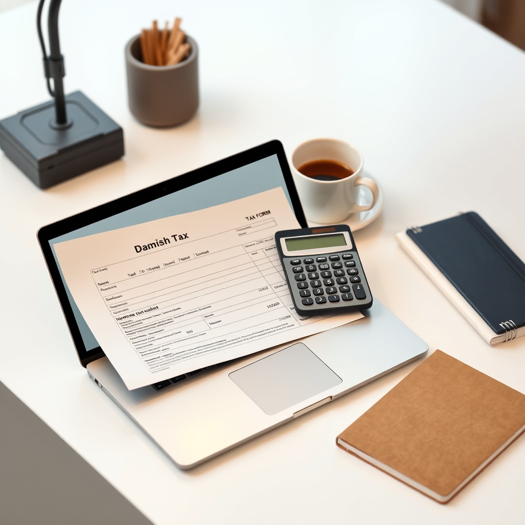 Professional stock photo of a Danish tax form and calculator on a modern laptop, with coffee cup and notebook on a clean desk workspace