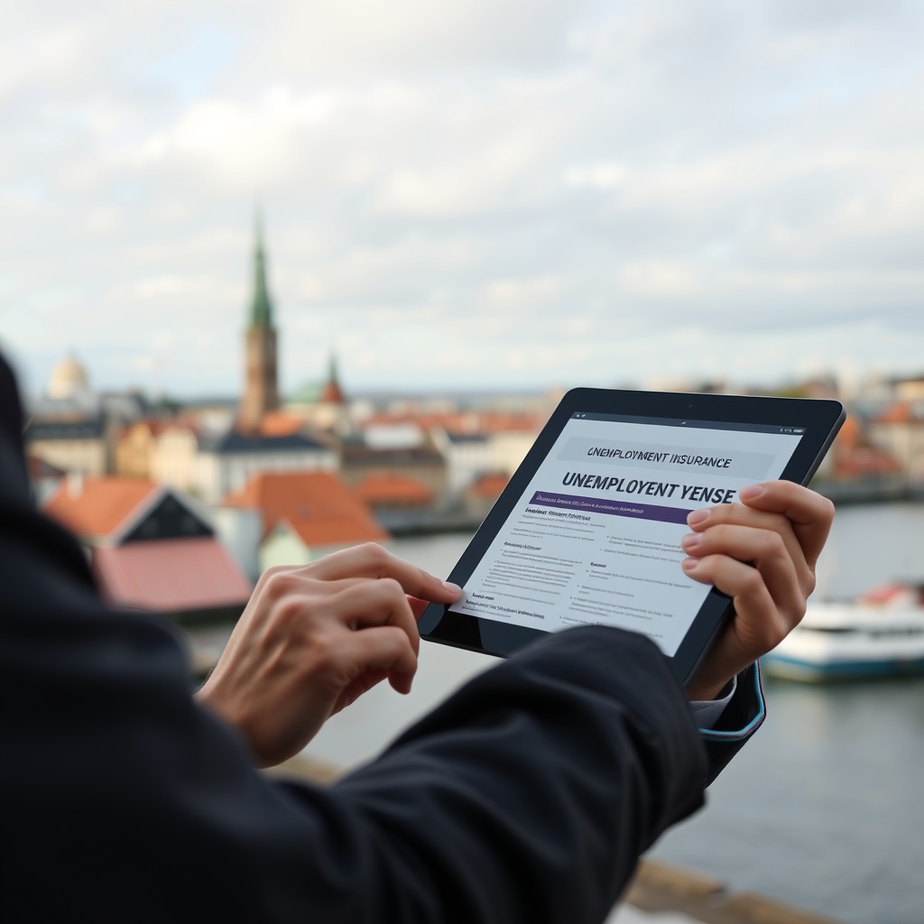 Professional stock photo of a person reviewing unemployment insurance documents on a tablet, with Danish cityscape in background