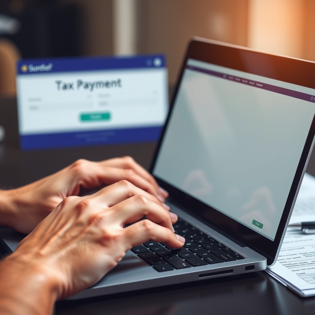 Professional stock photo of hands typing on laptop keyboard with tax payment confirmation screen visible, financial documents nearby