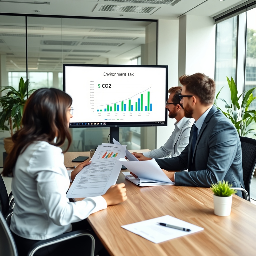 Professional stock photo of modern corporate office with executives reviewing environmental tax documents, CO2 emissions chart on screen, sustainable business setting with natural lighting