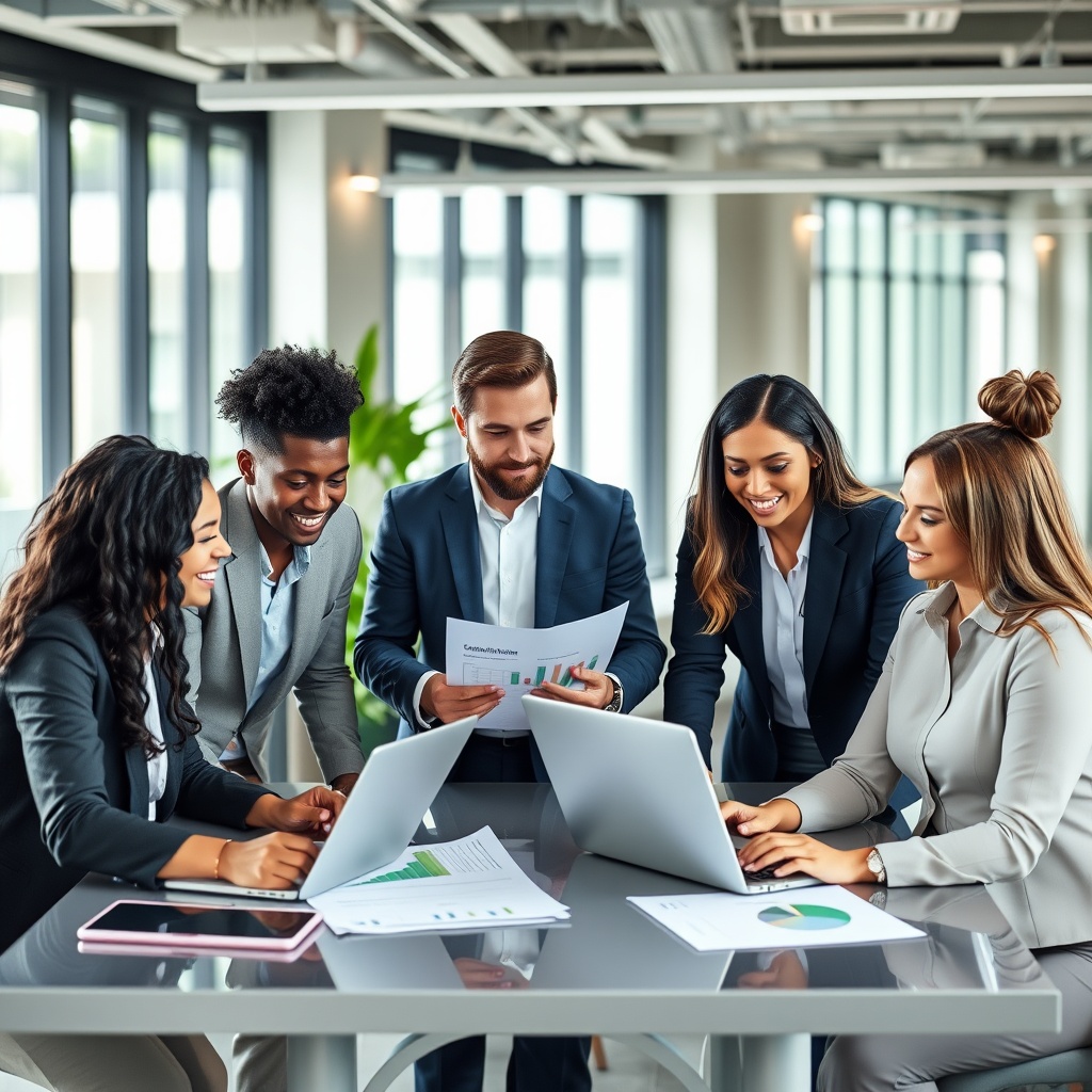 Professional stock photo of diverse business team collaborating on sustainability report, laptops and environmental data charts visible, modern office environment with green accents