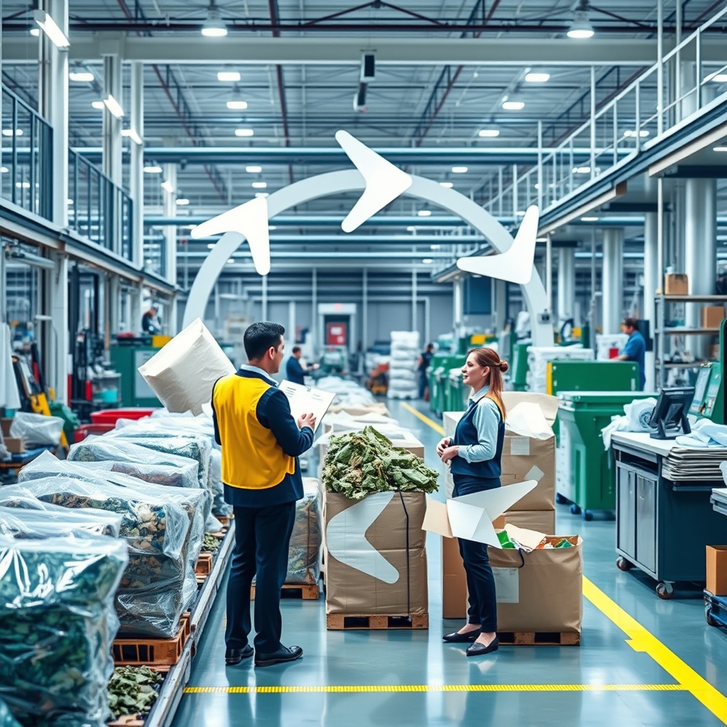 Professional stock photo of circular economy concept showing recycling process, modern manufacturing facility with sustainable materials, business professionals monitoring waste reduction operations