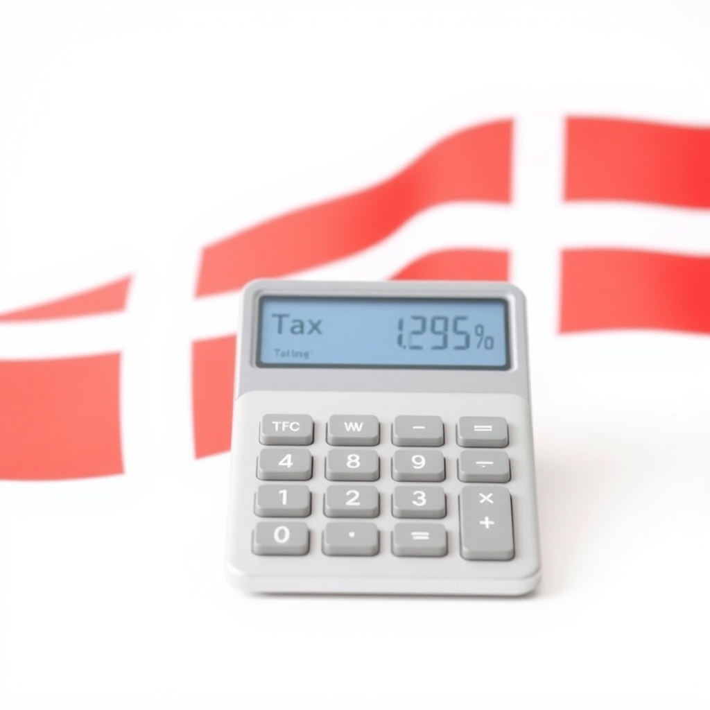 Professional stock photo of a modern calculator displaying tax percentage calculations on a clean white background, with Danish flag colors subtly incorporated in the background design, representing tax rate calculations for non-residents