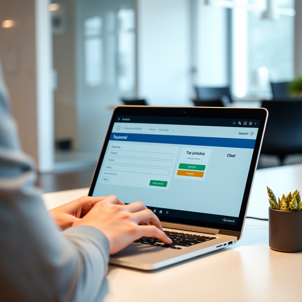 Professional stock photo of a person using a laptop to access a digital tax portal interface, with clean modern office background and Danish design elements, representing electronic tax administration systems