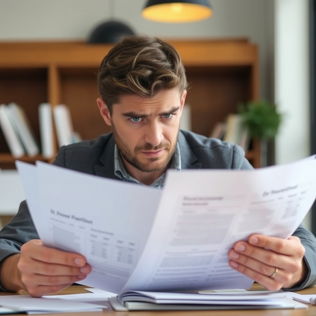 Professional stock photo of a person reviewing financial documents with a concerned expression, representing tax compliance challenges and common mistakes to avoid in Danish taxation