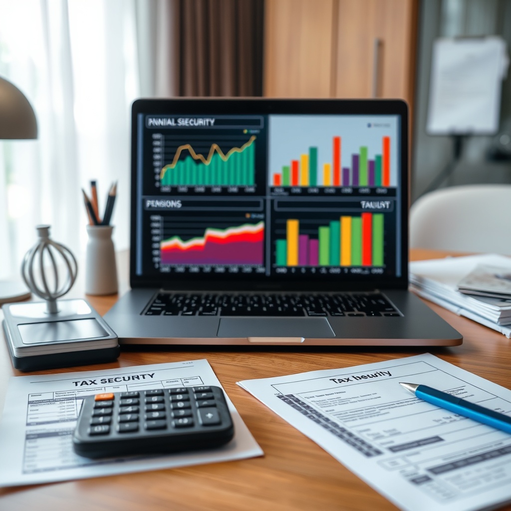 Professional stock photo of a modern office desk with tax documents, calculator, and laptop showing financial charts, representing social security and pension planning for freelancers in Bulgaria