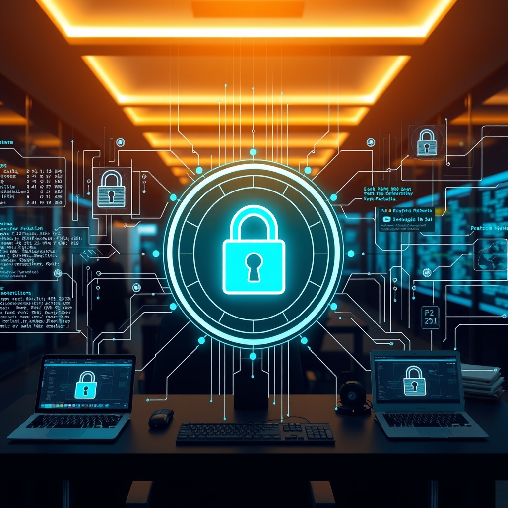 Professional stock photo of advanced cybersecurity measures showing encrypted data protection, secure authentication systems, and digital compliance protocols in a modern financial setting