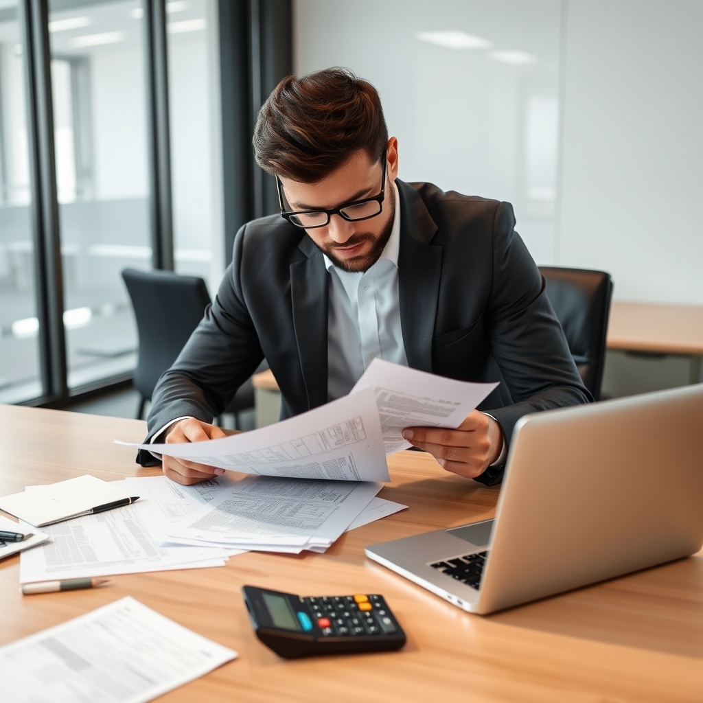 Professional stock photo of a business owner reviewing corporate tax documents and VAT registration forms on a modern office desk with laptop and calculator