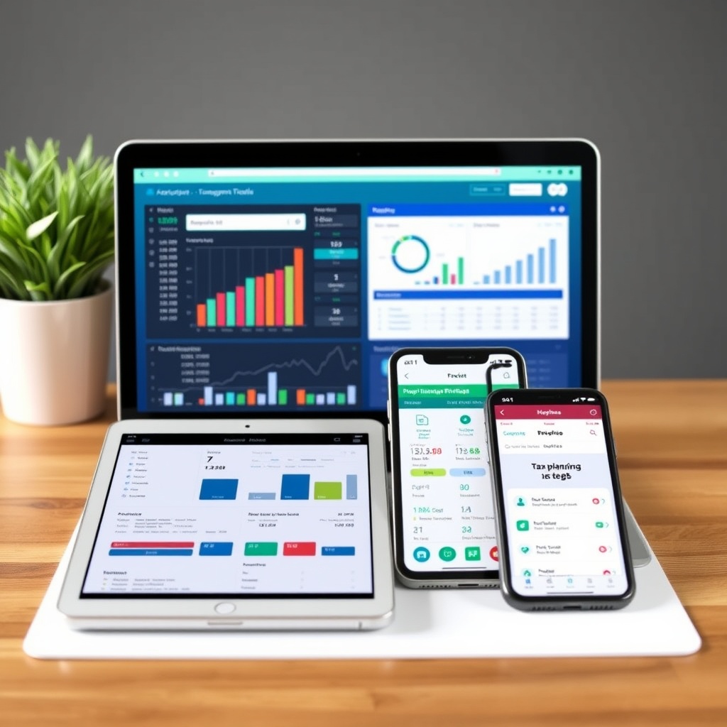 Professional stock photo of modern financial management tools including accounting software on laptop screen, budgeting apps on tablet, and tax planning applications on smartphone