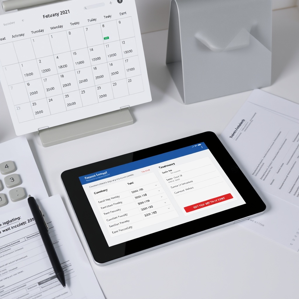 Professional stock photo of a clean desk setup with organized financial documents, calendar showing quarterly dates, and digital tablet displaying tax payment interface, representing tax payment procedures and deadlines