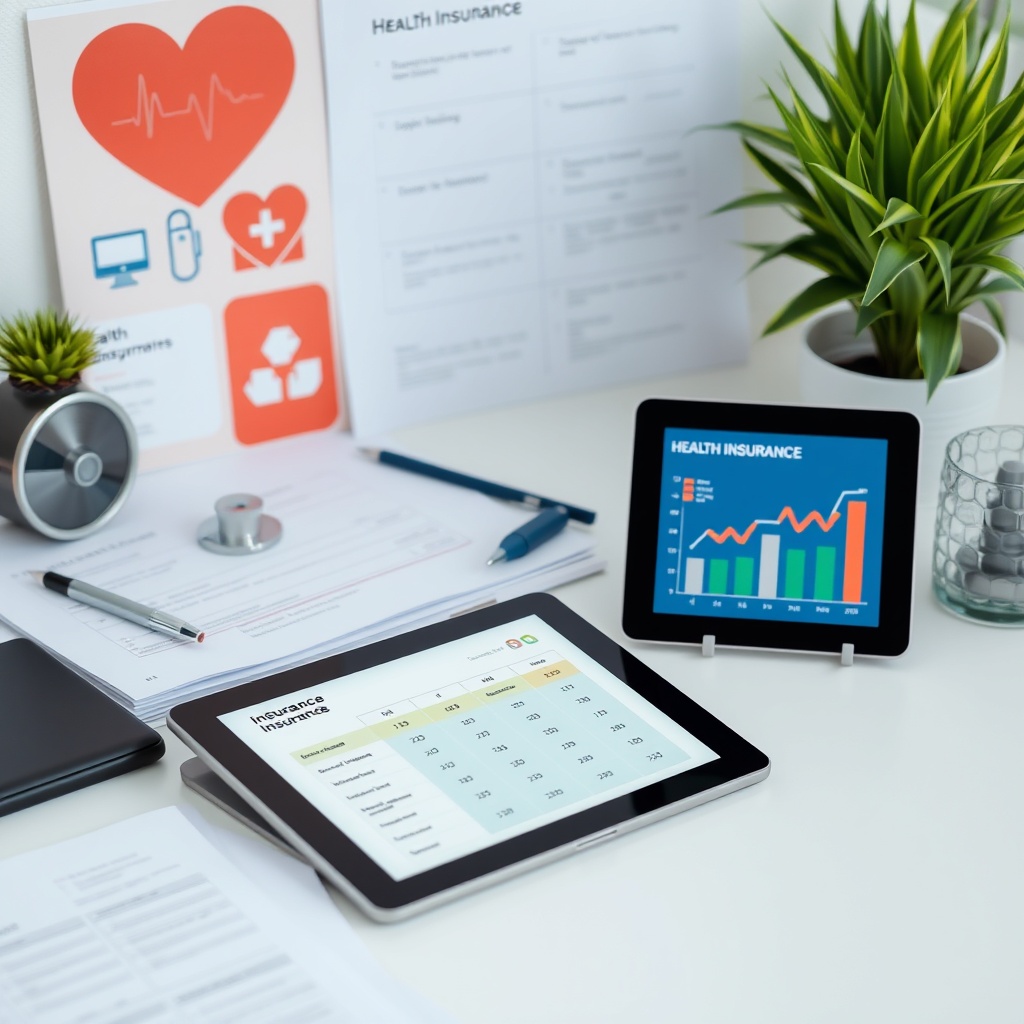 Professional stock photo of a modern workspace with health insurance documents, medical symbols, and digital tablet showing insurance comparison charts, representing health insurance options for Bulgarian freelancers