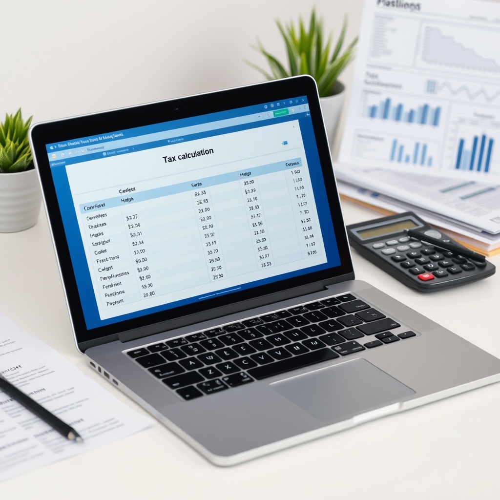 Professional stock photo of a modern laptop displaying tax calculation software next to financial documents and a calculator on a clean desk workspace