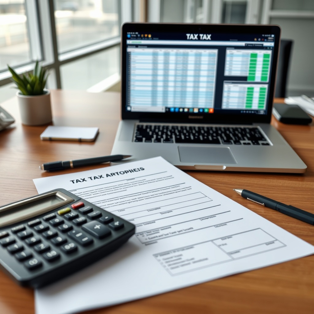Professional stock photo of a modern office desk with tax documents, calculator, and laptop showing financial spreadsheets, representing Ecuador's tax system for freelancers