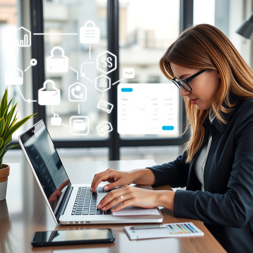 Professional stock photo of a freelancer creating invoices on a laptop with payment processing symbols in the background, representing invoicing and payment systems in Ecuador