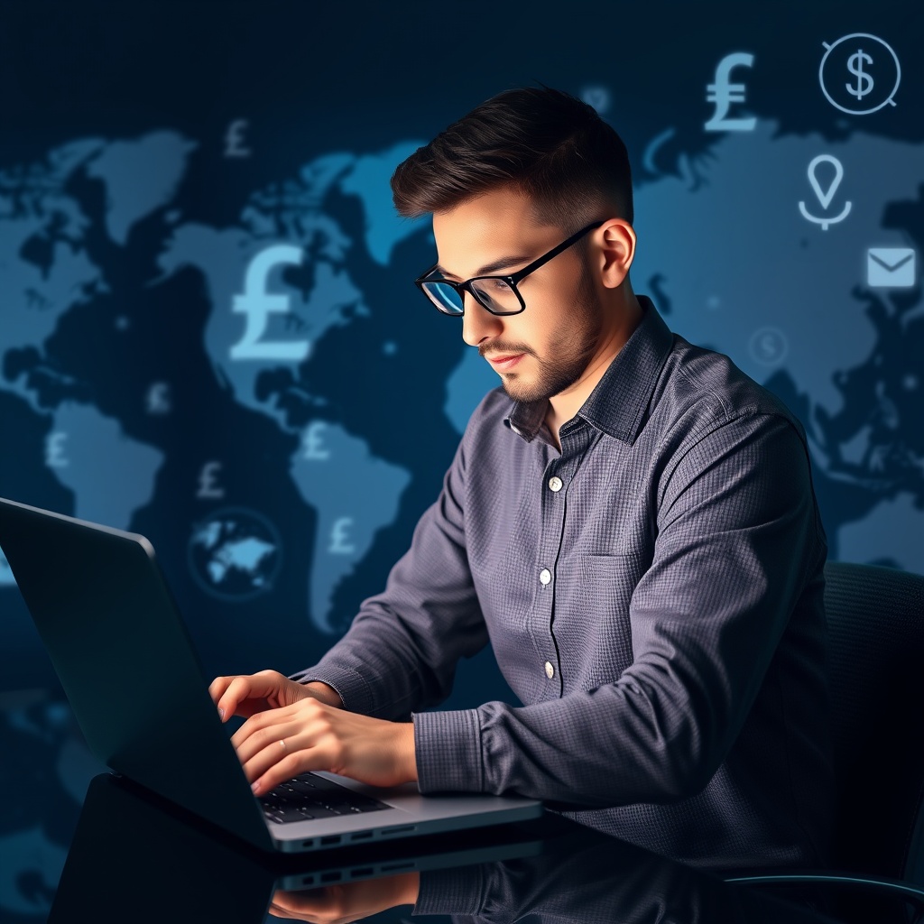 Professional stock photo of a freelancer working on laptop with global currency symbols and international payment icons in the background, representing cross-border freelance work