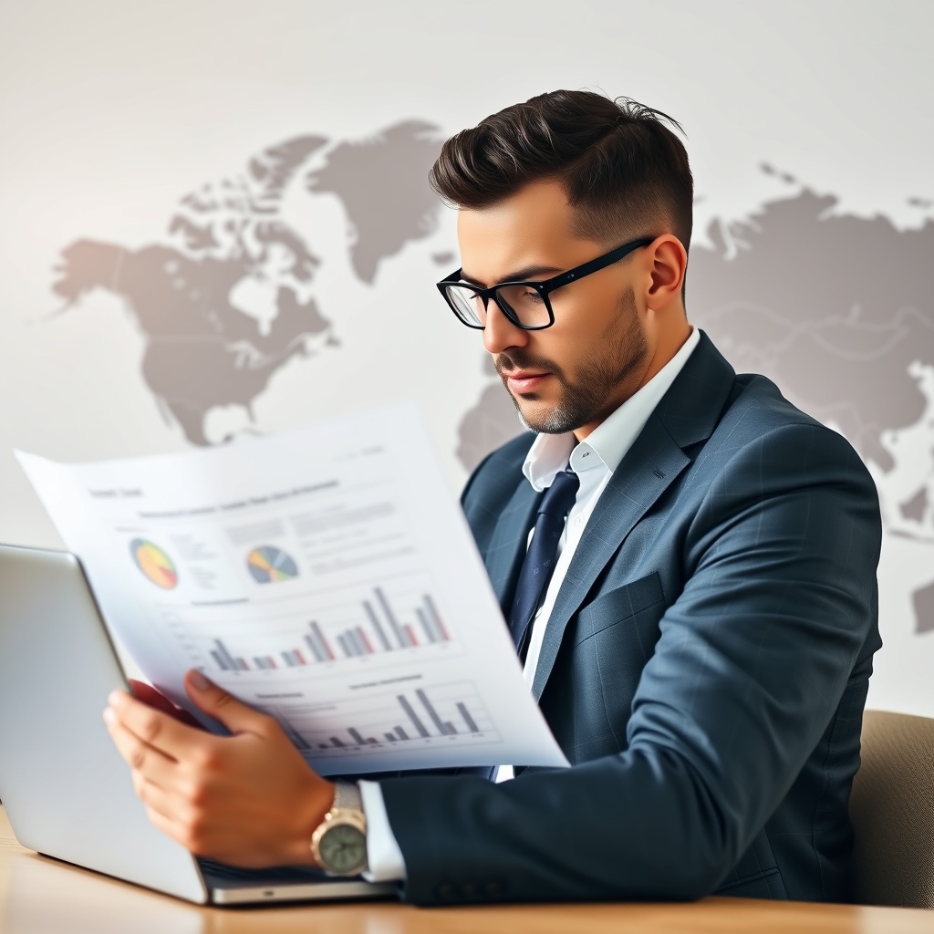 Professional stock photo of a businessman reviewing international financial documents on a laptop with a world map background, representing foreign-source income management