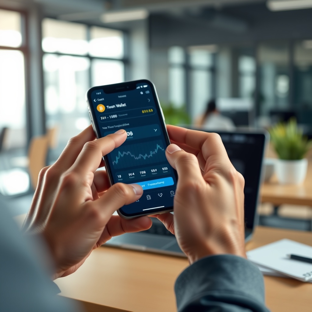 Professional stock photo of a person using a smartphone for digital transactions with cryptocurrency wallet interface visible, set in a modern workspace