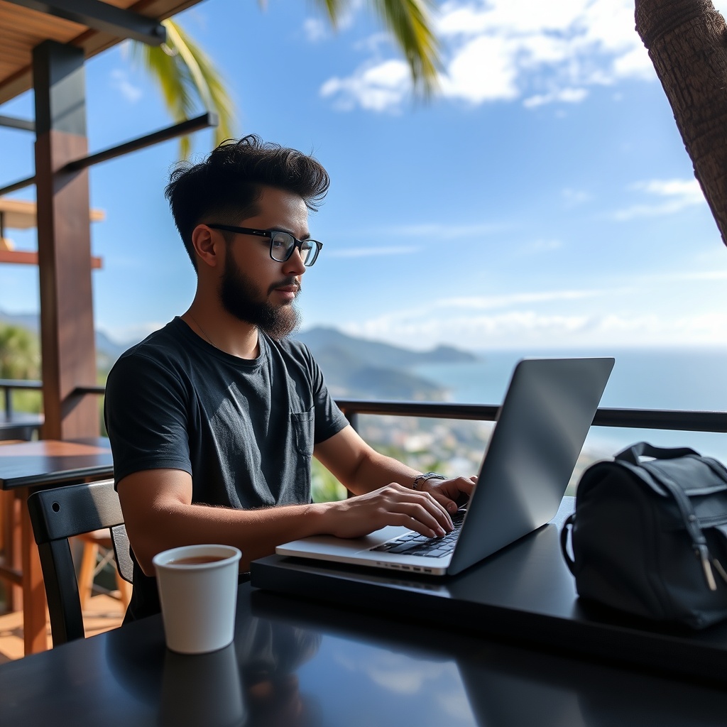 Professional stock photo of a digital nomad working on a laptop at a scenic outdoor cafe in El Salvador with mountains and ocean in background