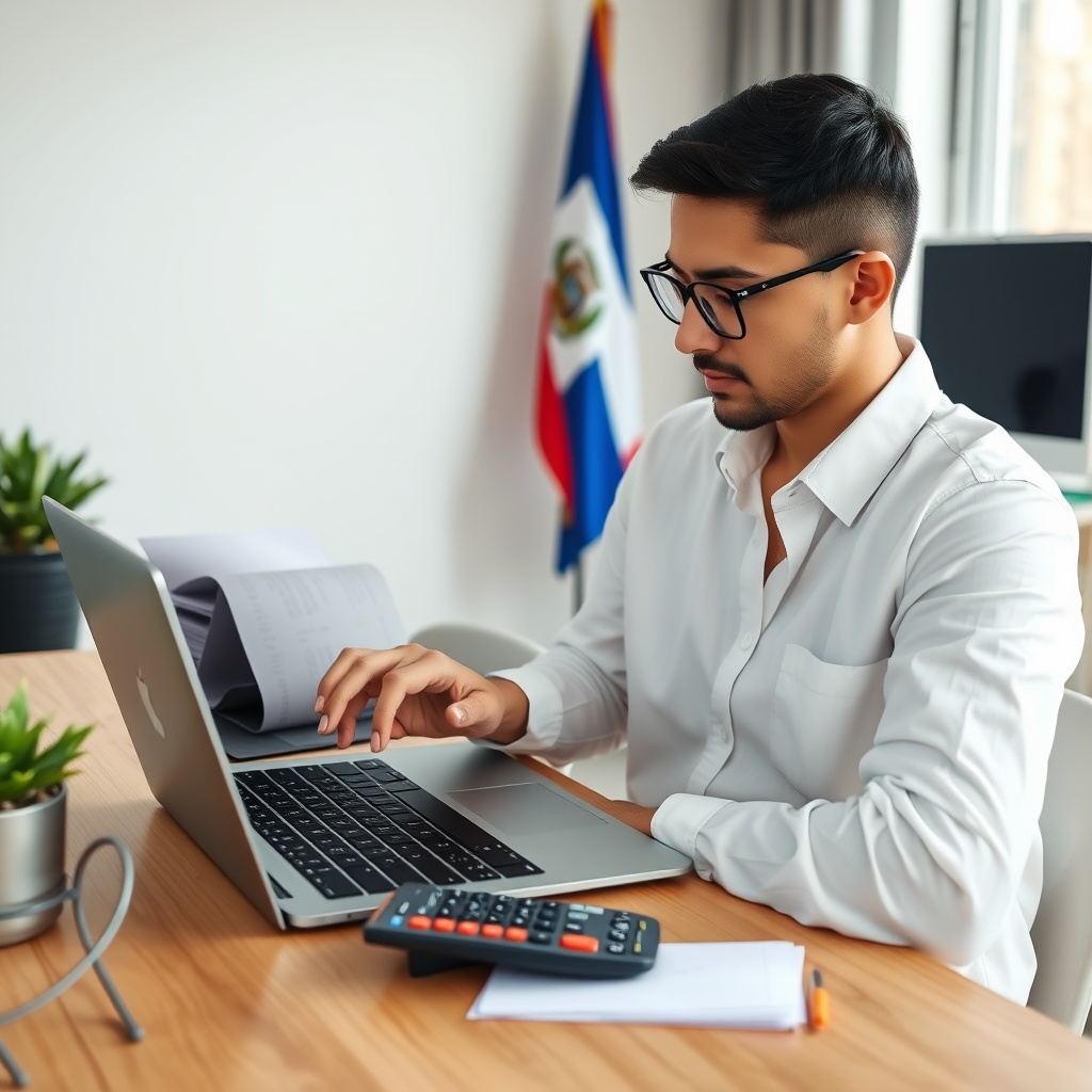 Professional stock photo of a freelancer calculating quarterly tax payments on a laptop with tax forms and calculator visible, modern home office setting with Salvadoran flag subtly in background