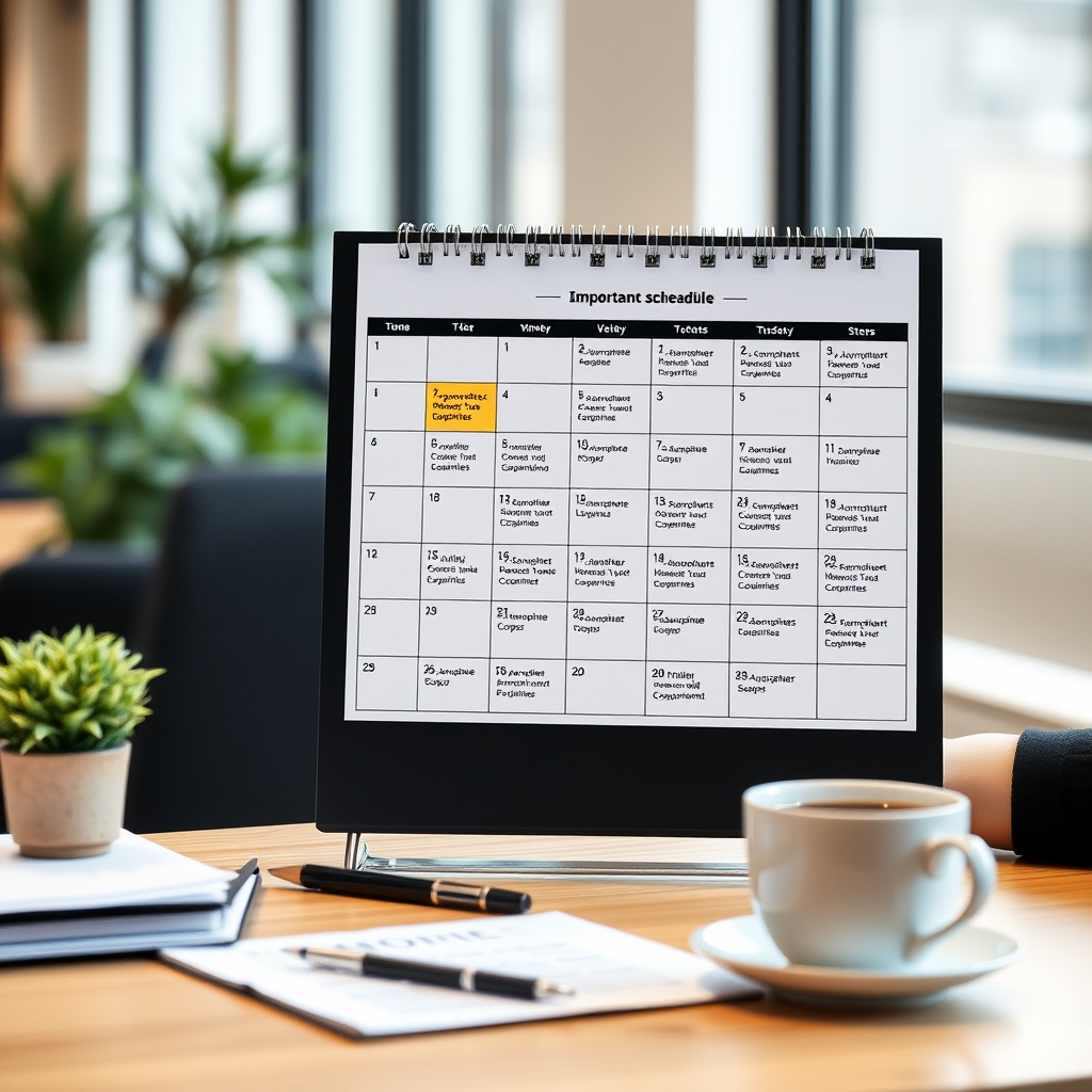 Professional stock photo of calendar with important tax deadlines highlighted, financial planner reviewing compliance schedule with coffee cup on desk, modern office environment