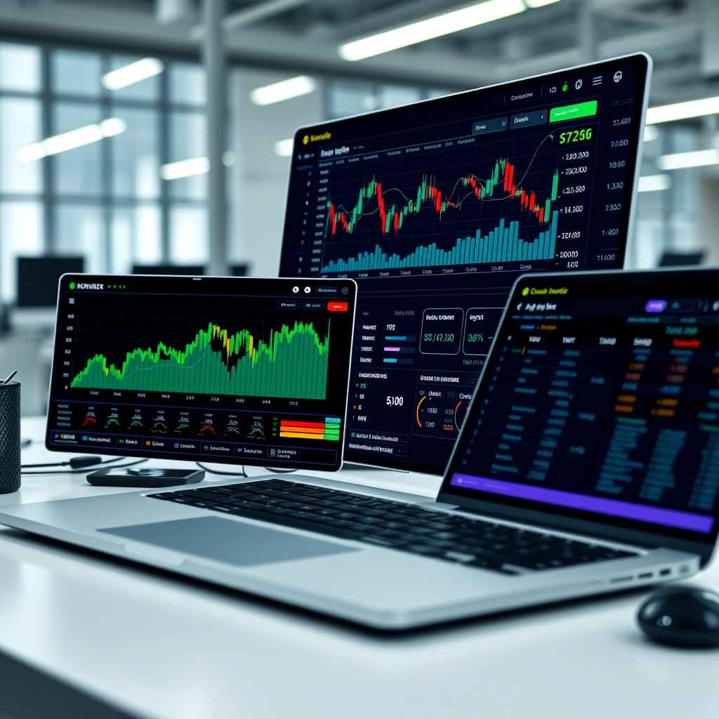 Professional stock photo of a digital interface showing cryptocurrency trading charts and tax calculation formulas, with a laptop displaying blockchain analytics in a modern office setting