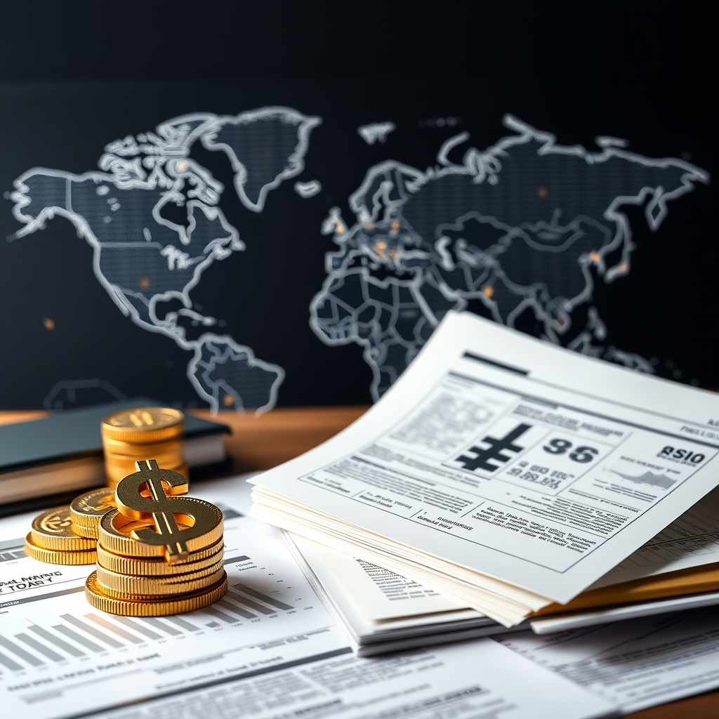 Professional stock photo of international tax documents and global maps with digital currency symbols, representing cross-border taxation considerations in a sophisticated business environment