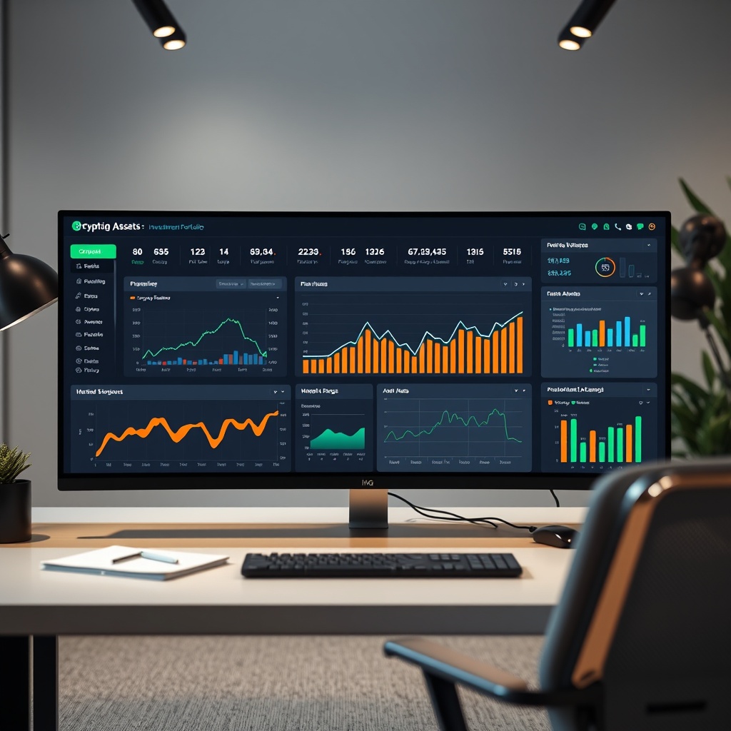 Professional stock photo of a modern investment portfolio dashboard showing crypto assets and financial planning tools, with strategic analysis charts in a contemporary workspace