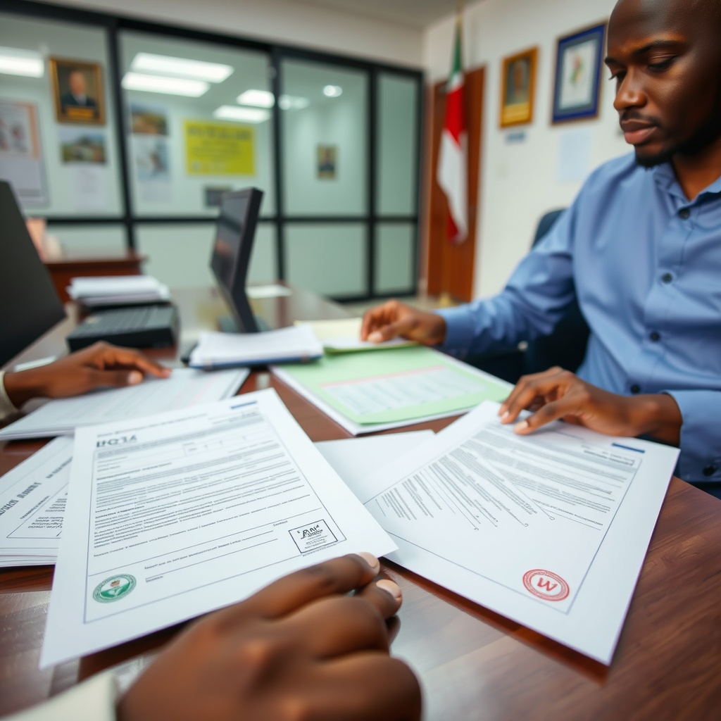 Professional stock photo of business registration documents being processed at an official government office in Equatorial Guinea, showing forms, stamps, and professional workspace
