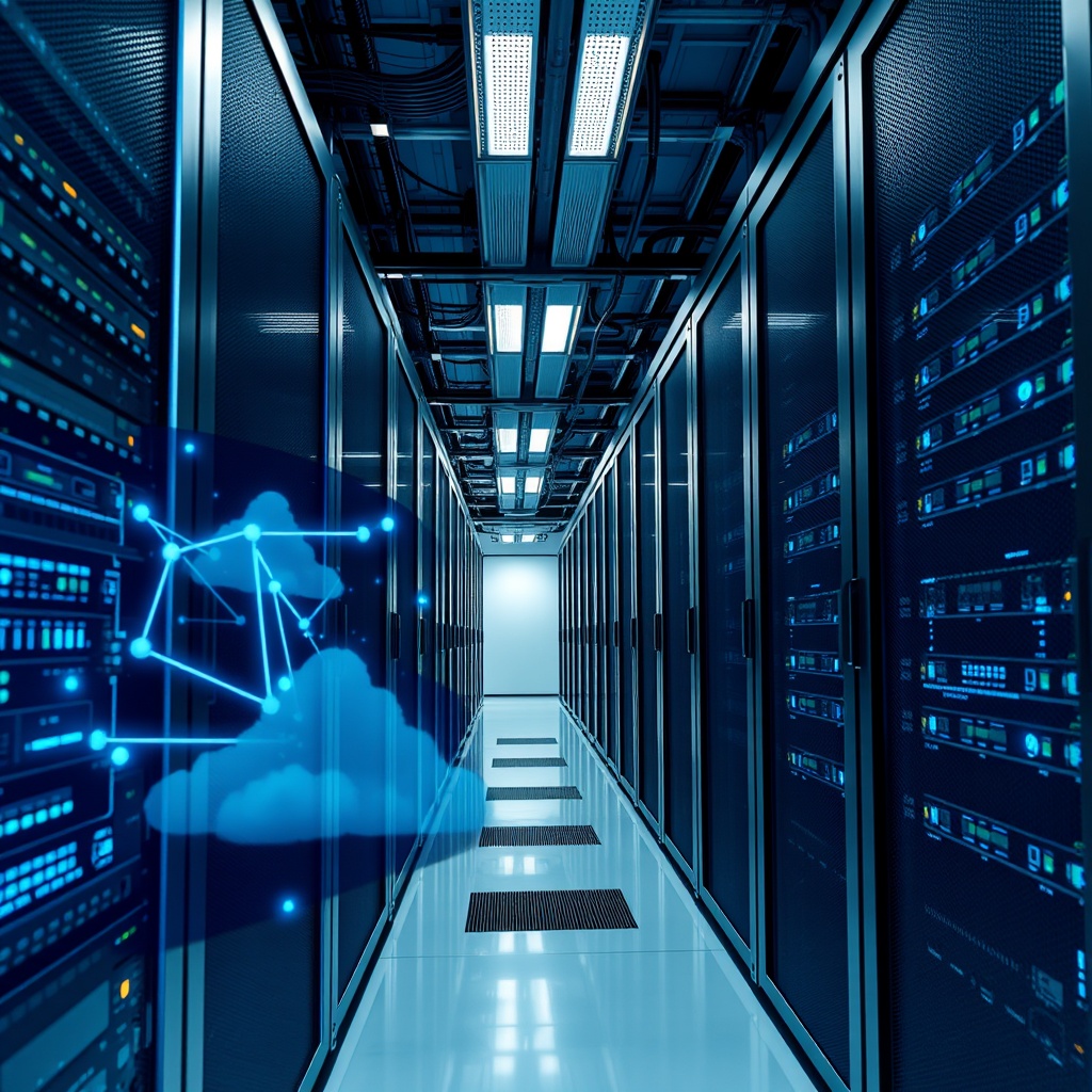 Professional stock photo of advanced cloud computing infrastructure and API integration systems in a Bulgarian data center, showcasing scalable fintech platform architecture with network visualization