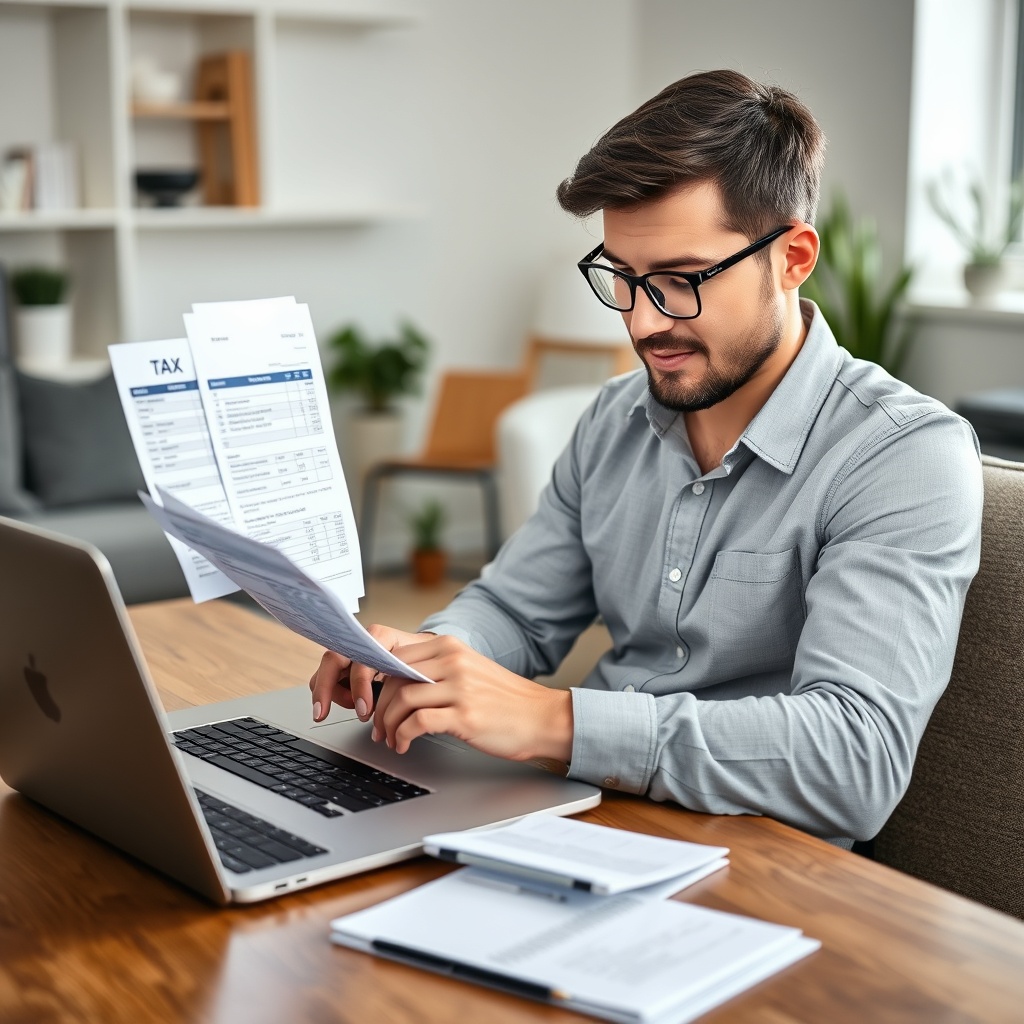 Professional stock photo of a freelancer reviewing tax deduction documents and expense receipts on a modern laptop in a home office setting