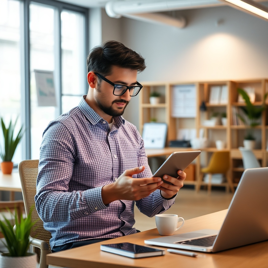 Professional stock photo of a freelancer monitoring compliance checklists and regulatory updates on digital devices in a contemporary workspace