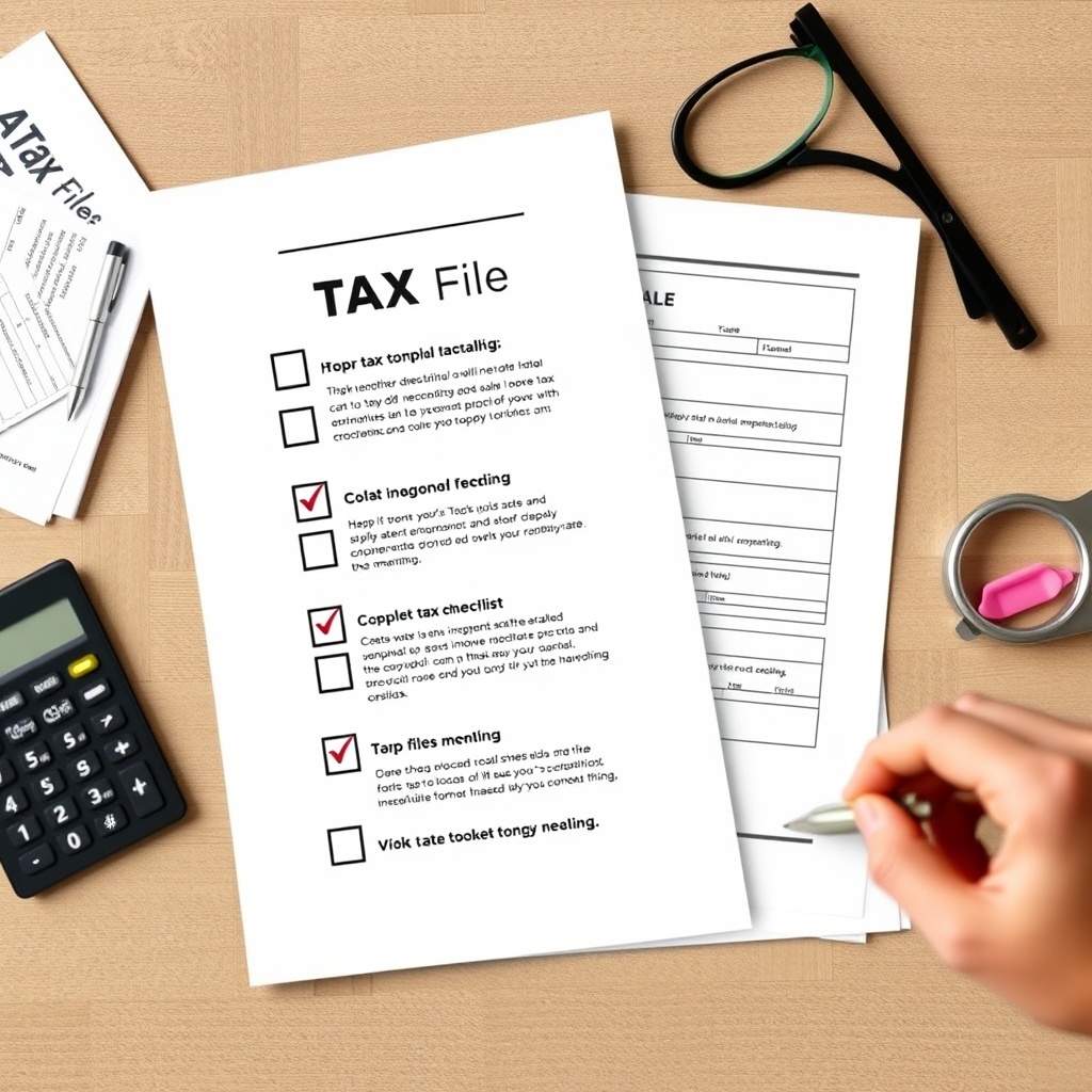 Professional stock photo of a step-by-step tax filing checklist with digital tools and organized documents, representing practical implementation guidance