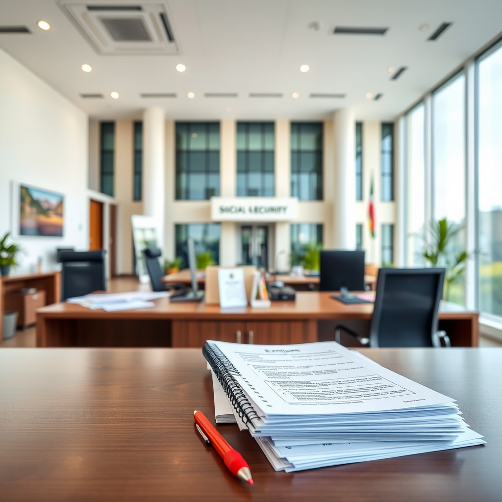 Professional stock photo of a modern social security office with documents and pension forms on a desk, Eritrean government building in background, clean professional setting
