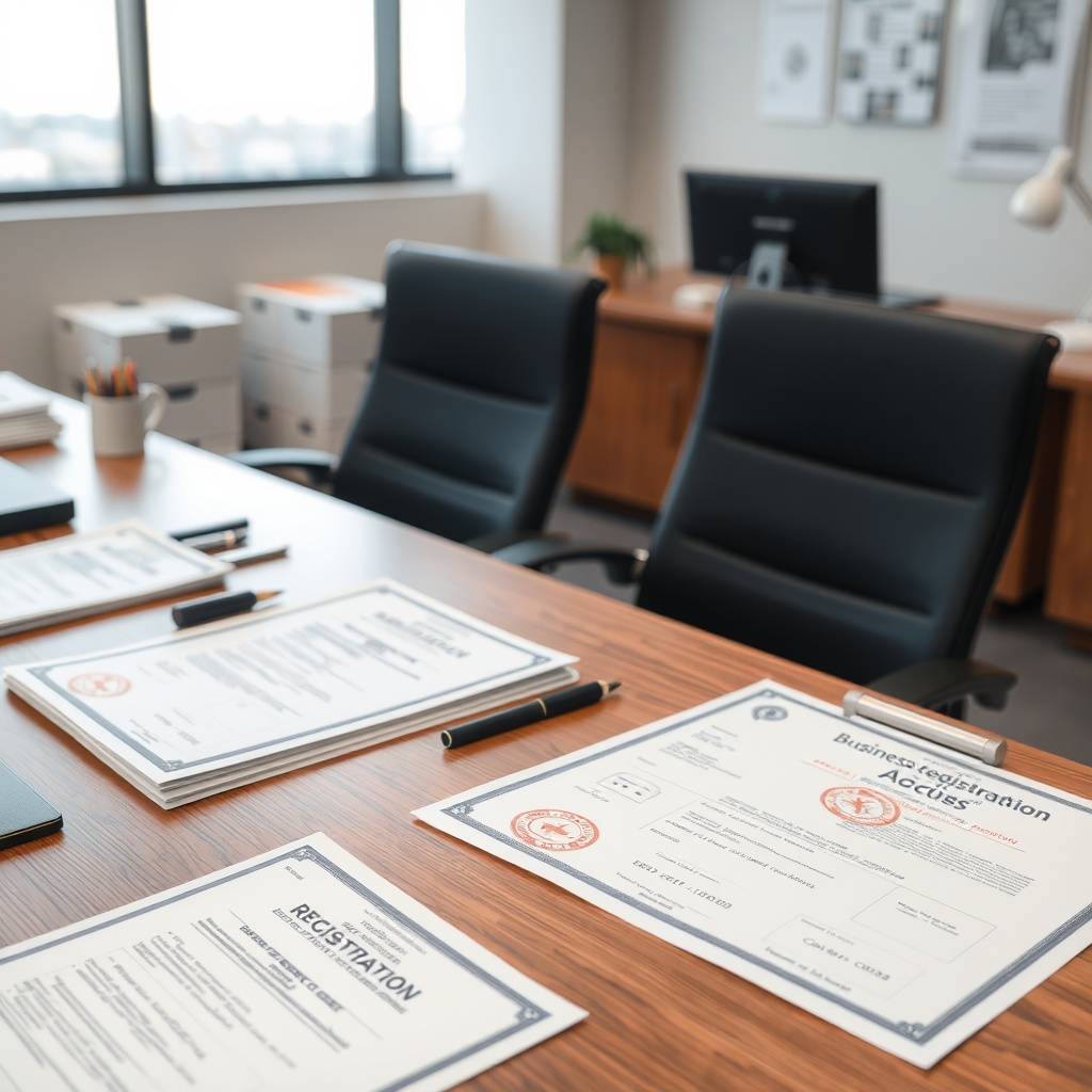 Professional stock photo of business registration documents and licenses on a wooden desk, official stamps and forms visible, modern office environment