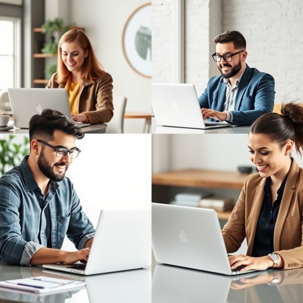 Professional stock photo of diverse freelance professionals working on laptops in different settings - IT developer, creative designer, business consultant - representing various industries
