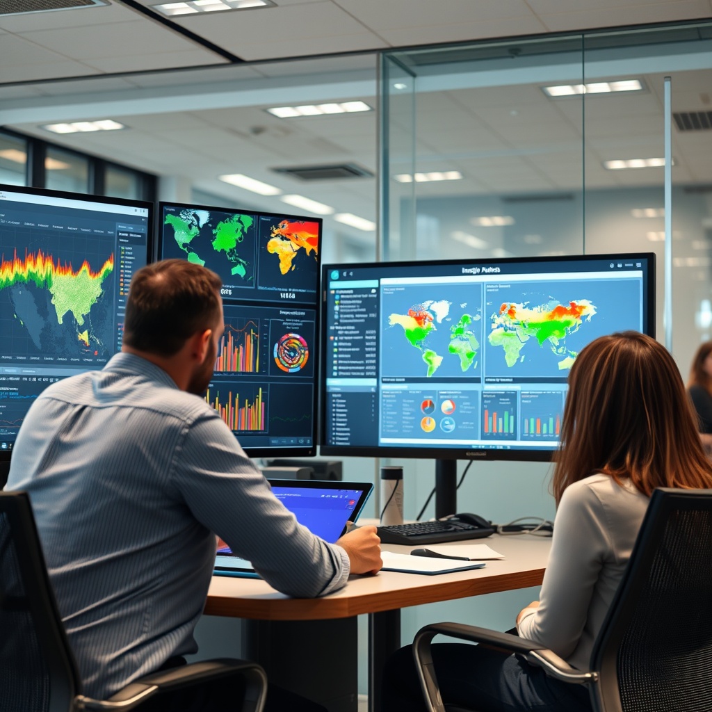 Professional stock photo of insurance analysts reviewing climate risk models and environmental data dashboards on large monitors in a modern corporate office setting