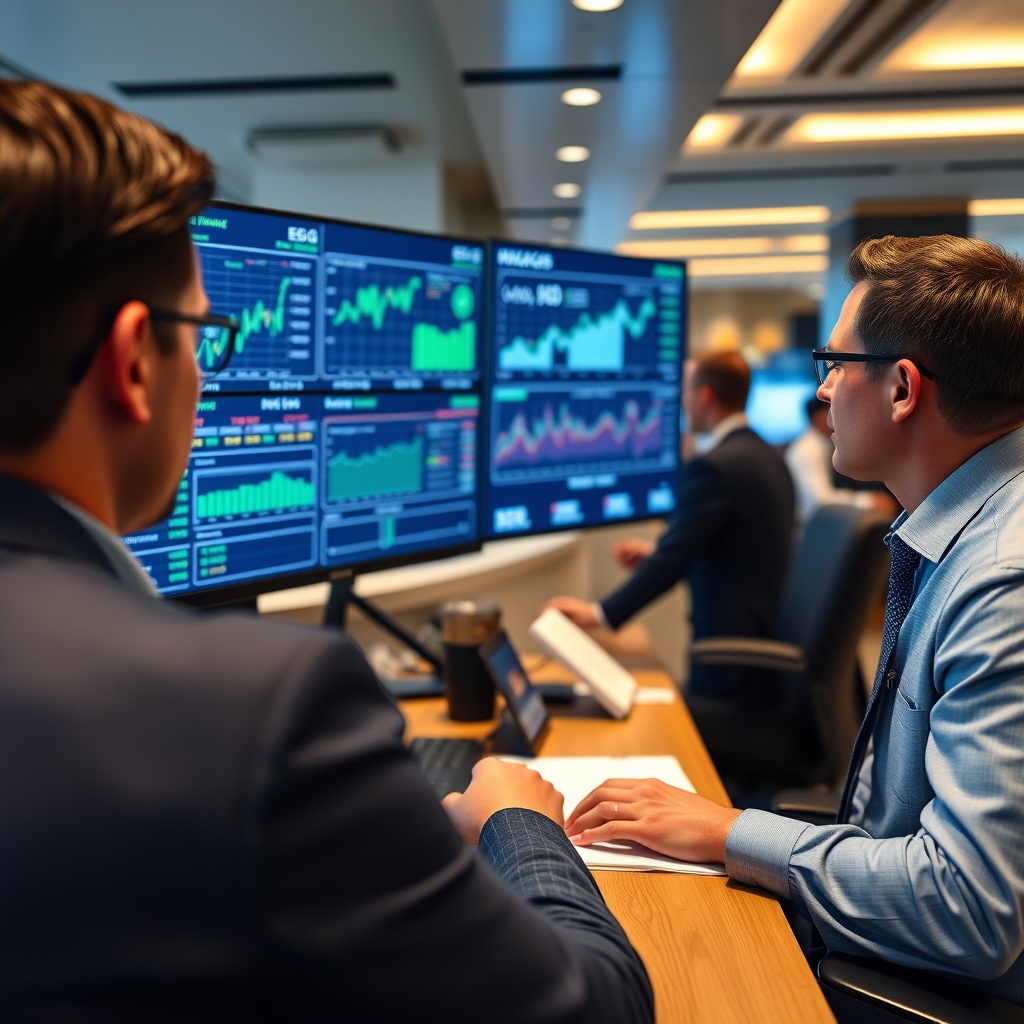 Professional stock photo of investment portfolio managers analyzing ESG performance metrics and sustainable investment charts on digital displays in a financial institution