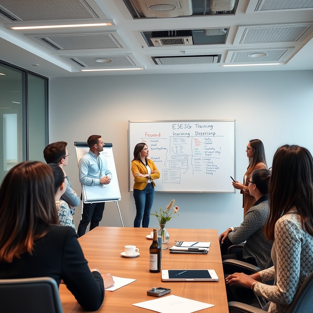 Professional stock photo of diverse insurance professionals participating in ESG training workshop with collaborative whiteboard session in contemporary conference room