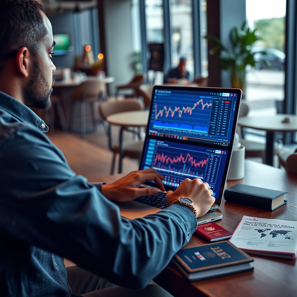 Professional stock photo of a digital nomad working on a laptop in a modern cafe setting with cryptocurrency charts displayed on screen, passport and travel documents nearby