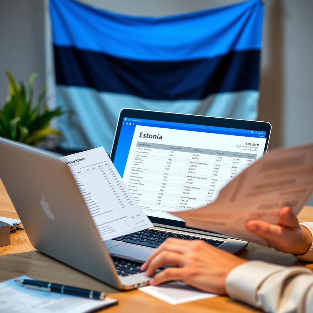 Professional stock photo of a person reviewing cryptocurrency transaction records on a laptop while referencing tax documents, with Estonian flag visible in background